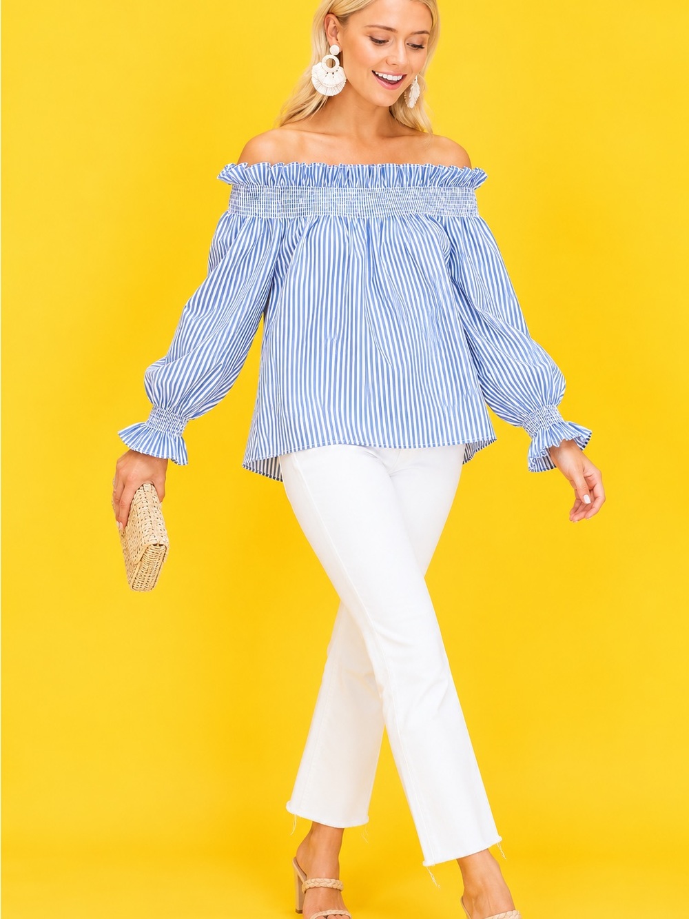 Tuckernuck Blue White Striped Off Shoulder Smocked Top Size Small